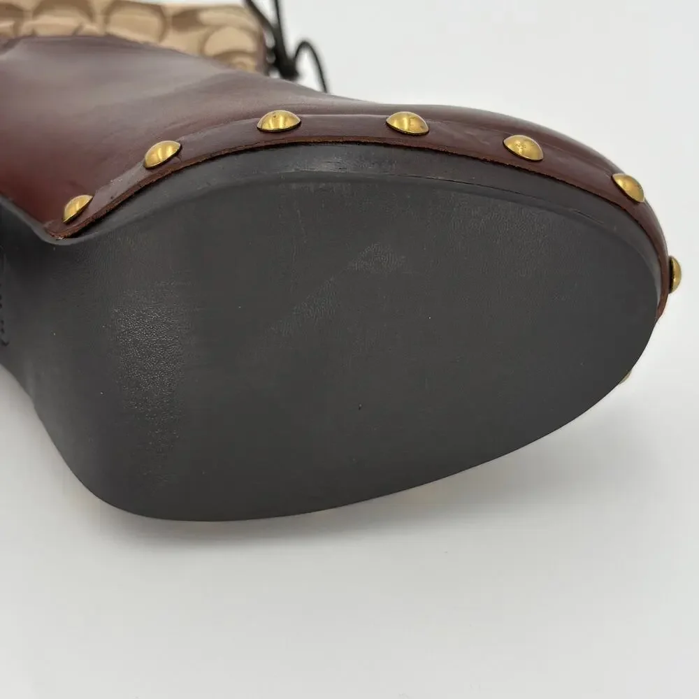 Coach F2370 Ediva Monogram Lace Up Block Heel Booties Brown Leather Size 9